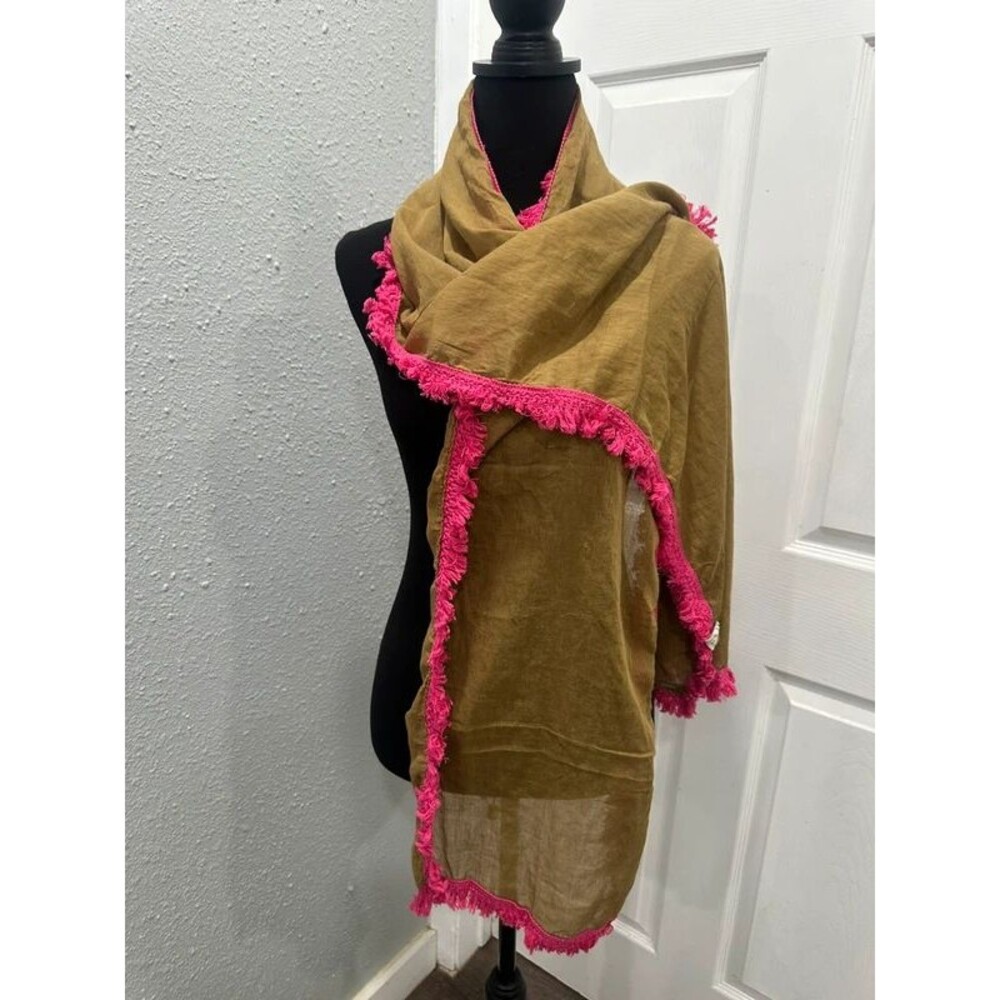 Natural Life 100% Cotton Fringe Trim Scarf Green & Pink 80”x15”